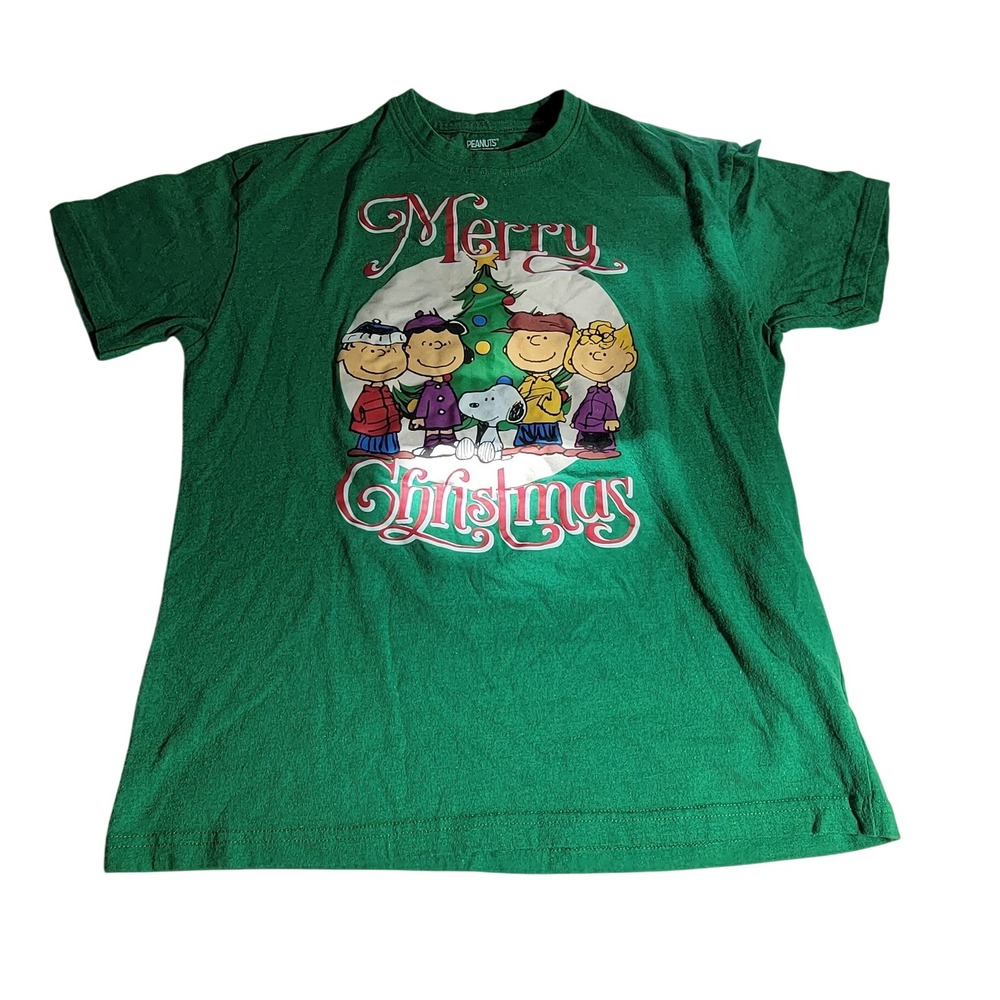 Peanuts Snoopy Charlie Brown Merry Christmas Green Graphic Tee Shirt Medium